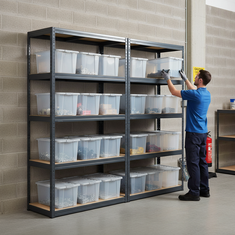 2x Heavy Duty Shelving Unit - 2130mm High - Grey with 12x 60L Plastic Storage Boxes