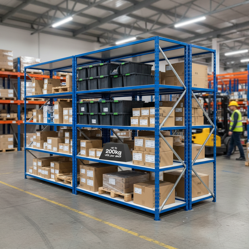 Heavy Duty Industrial Shelving - 1830mm High - 200kg Capacity - Melamine - Blue Finish