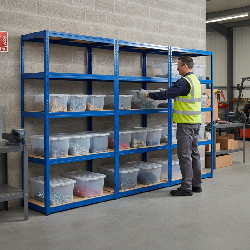 3x Heavy Duty Shelving Unit - 1800mm High with 12x 60L Plastic Storage Boxes