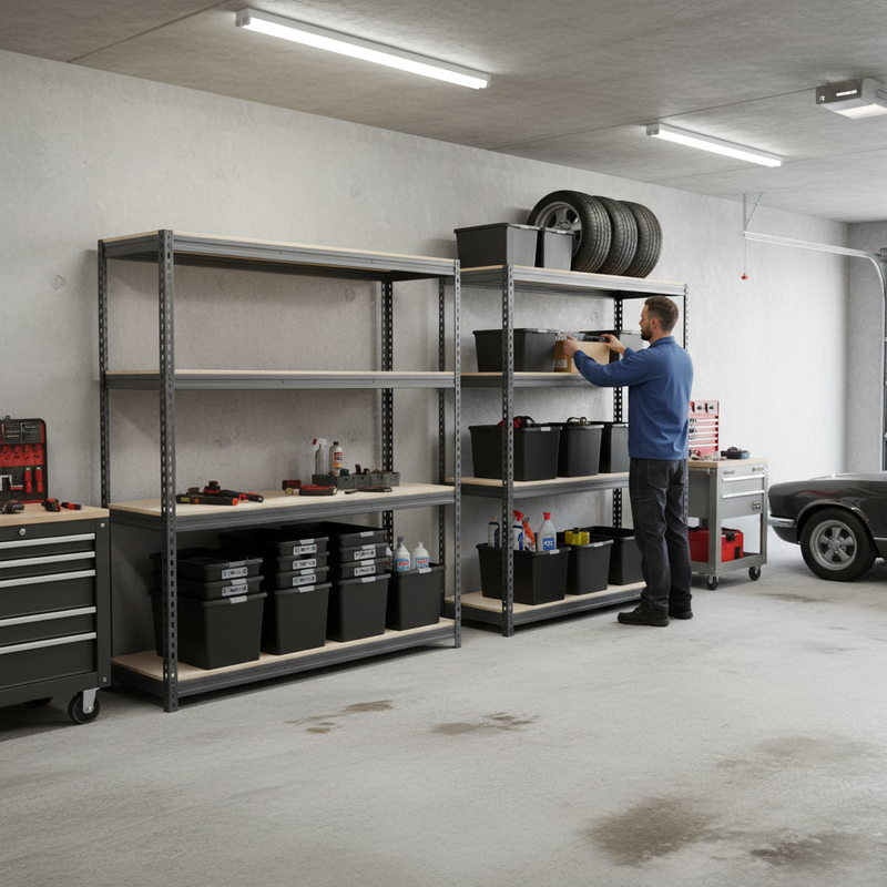 2x Premium Heavy Duty Shelving - 1800mm High - Grey with 8x 62L Plastic Storage Boxes