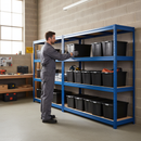 3x Heavy Duty Shelving - 1770mm High - Blue with 12x 37L Plastic Storage Boxes