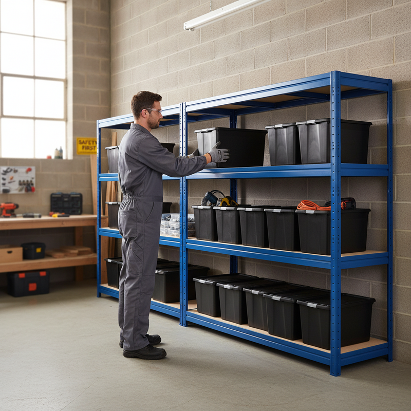 3x Heavy Duty Shelving - 1770mm High - Blue with 12x 37L Plastic Storage Boxes