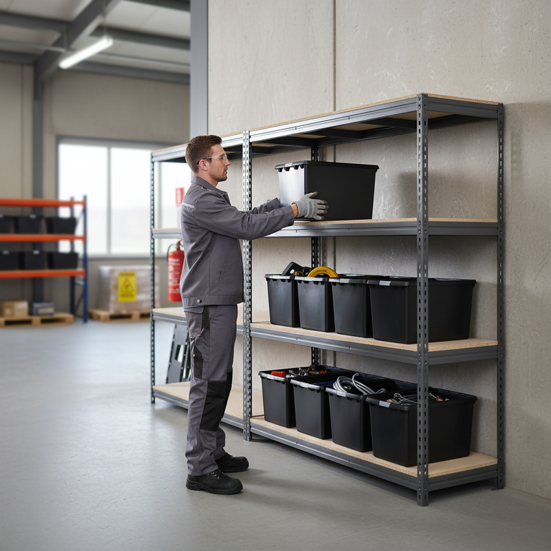 3x Premium Heavy Duty Shelving - 1600mm High - Grey with 8x 62L Plastic Storage Boxes