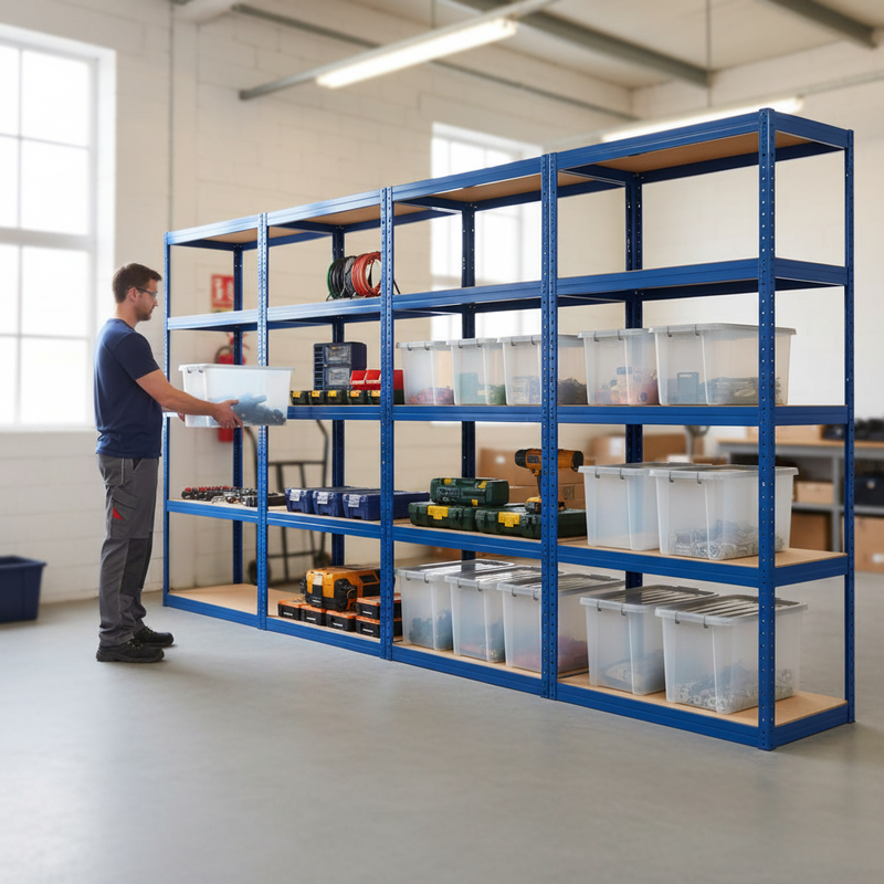 4x Heavy Duty Shelving Units - 1800mm High - Blue with 8x 60L Plastic Storage Boxes
