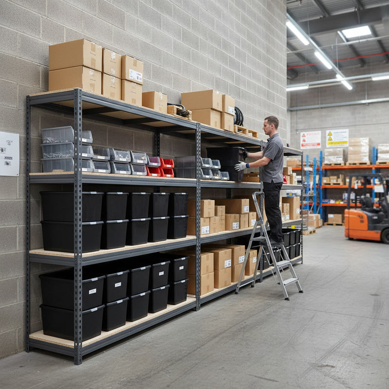 3x Premium Heavy Duty Shelving - 2200mm High - Grey with 12x 62L Plastic Storage Boxes