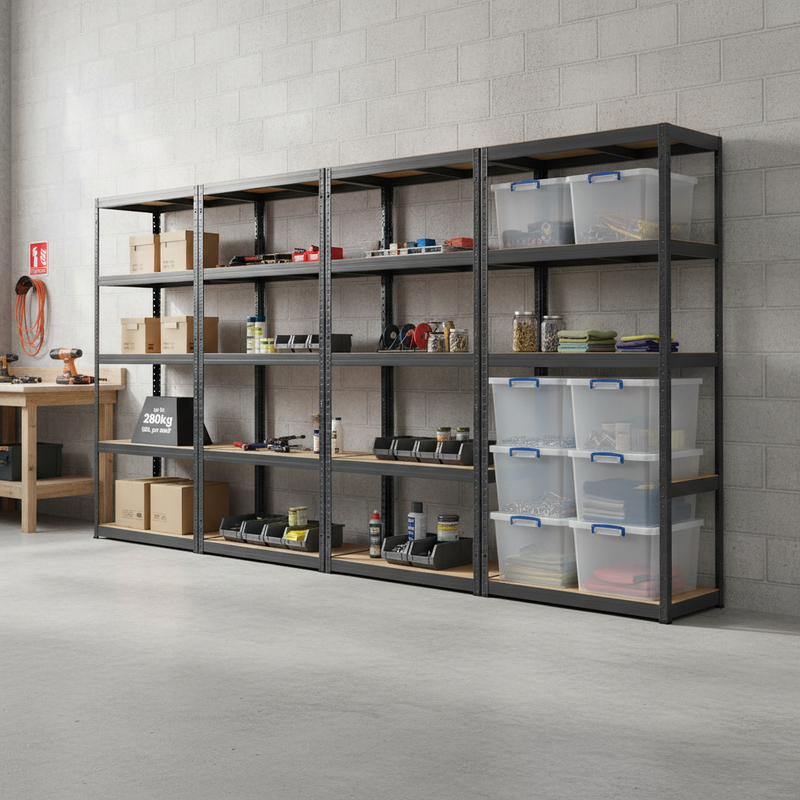 3x Heavy Duty Shelving Units - 1800mm High - Grey with 8x 33.5L Storage Boxes