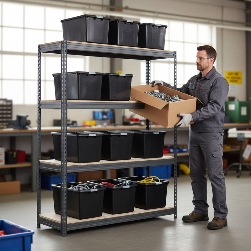 Heavy Duty Shelving with 12x 62L Plastic Storage Boxes - 1800mm High - Grey