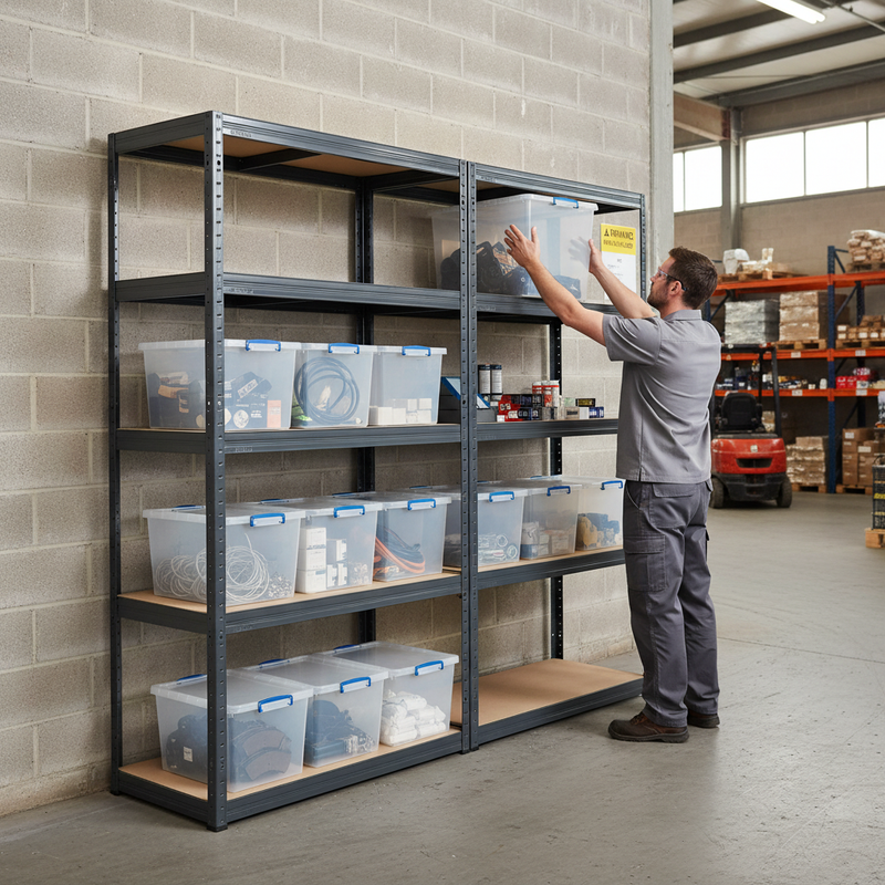 2x Heavy Duty Shelving Units - 2130mm High - Grey with 8x 33.5L Storage Boxes