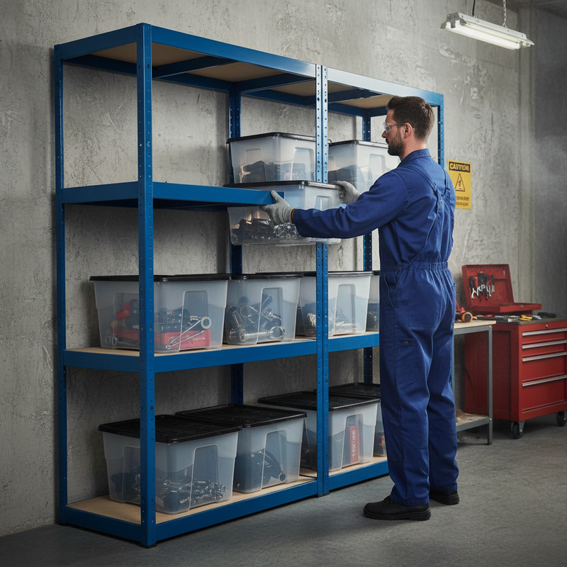 2x Heavy Duty Shelving Units - 1600mm High with 12x 24L Storage Boxes