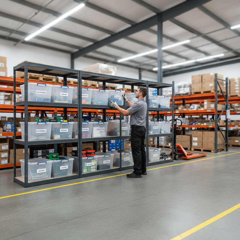 4x Premium Shelving Units - 1600mm High - Grey with 12x 33.5L Storage Boxes