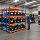 2x Heavy Duty Shelving - 1600mm High - Blue & Orange with 12x 37L Plastic Storage Boxes