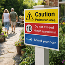 Caution Pedestrian Area Do Not Exceed 10mph Sound Your Horn Sign – 1mm Rigid Plastic – Indoor/Outdoor Use