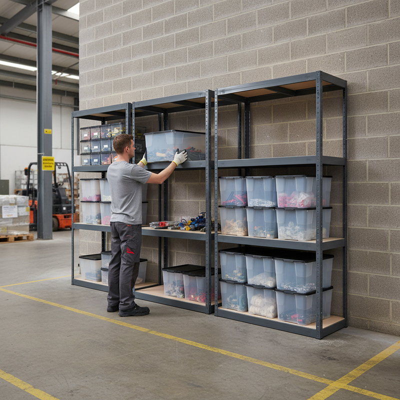 4x Heavy Duty Shelving Units - 1600mm High - Grey with 12x 24L Storage Boxes