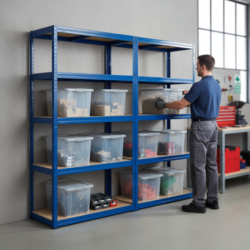 Heavy Duty 2x Shelving Unit - 1800mm High with 8x 60L Plastic Storage Boxes