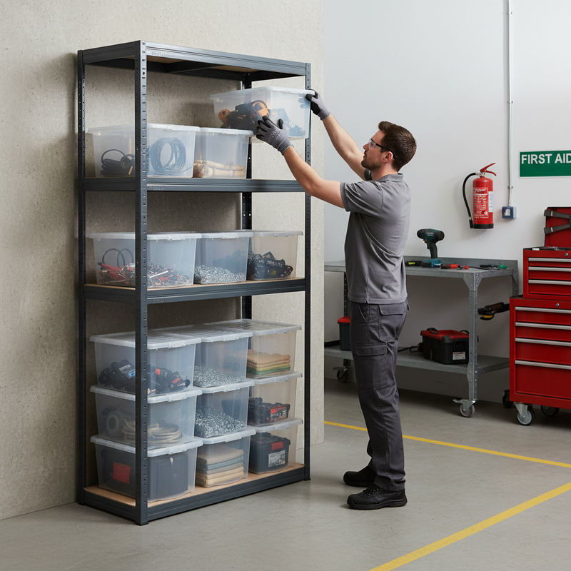 Heavy Duty Shelving Unit 1600mm High with 12x 60L Plastic Storage Boxes