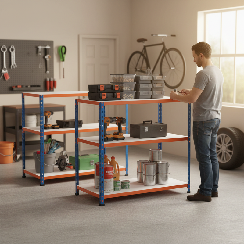 2x Heavy Duty Workbenches - 915mm High - 340kg Load Capacity - Melamine - Blue/Orange