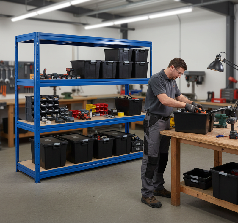 2x Premium Heavy Duty Shelving - 1770mm High - Blue with 8x 37L Plastic Storage Boxes