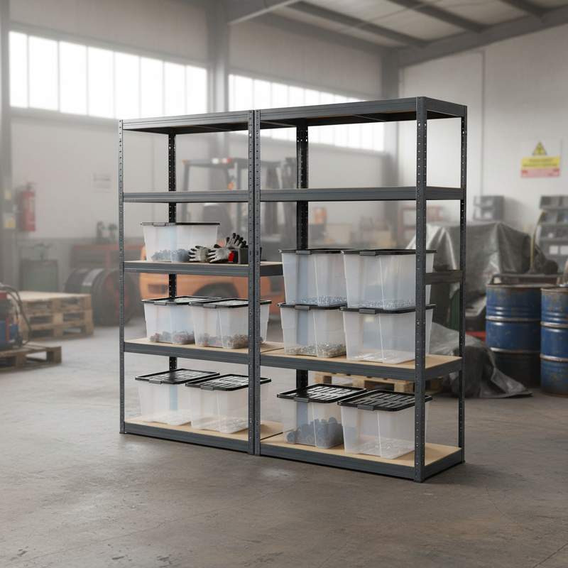 Premium Heavy Duty Shelving Units with 8 directstock.co.uk Plastic Storage Boxes - 1800mm High - Grey