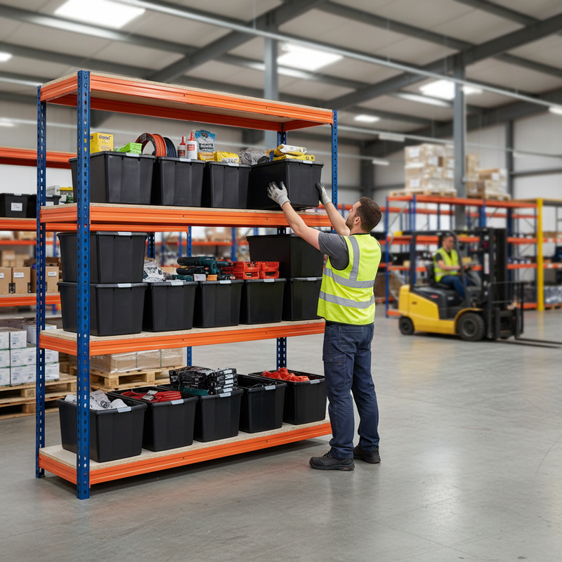 Heavy Duty Shelving Unit with 12x 62L Storage Boxes - 2200mm High - Blue & Orange