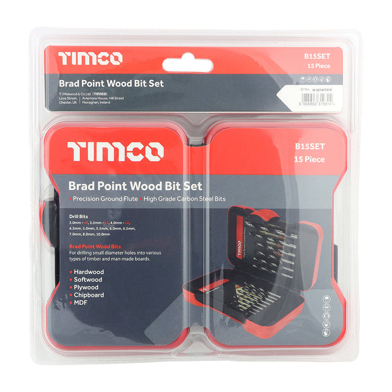 Brad Point Wood Bit Set - 15pcs