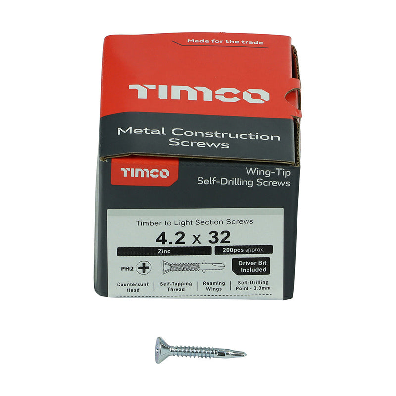 Metal Construction Timber to Light Section Screws - Countersunk - Wing-Tip - Self-Drilling - Zinc - 4.2 x 32