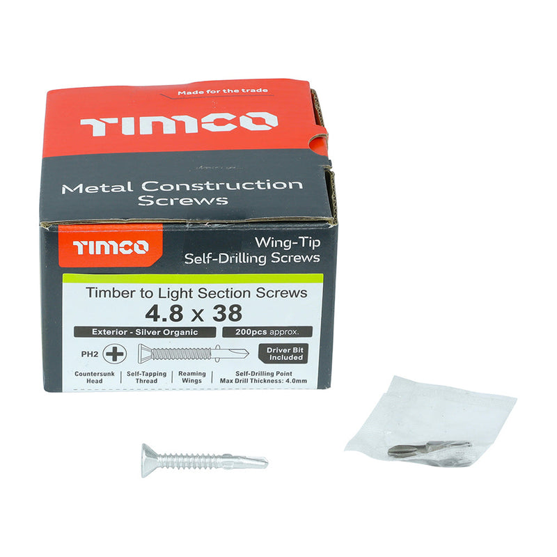 Metal Construction Timber to Light Section Screws - Countersunk - Wing-Tip - Self-Drilling - Exterior - Silver Organic - 4.8 x 38