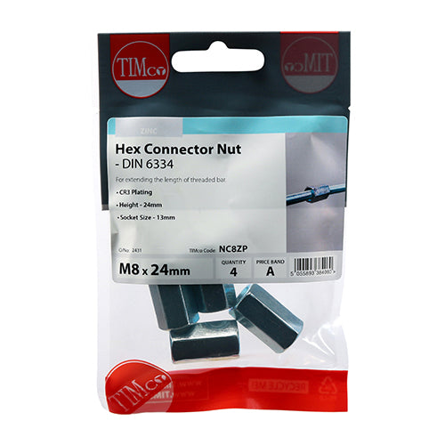 Hex Connector Nuts - Zinc - M8