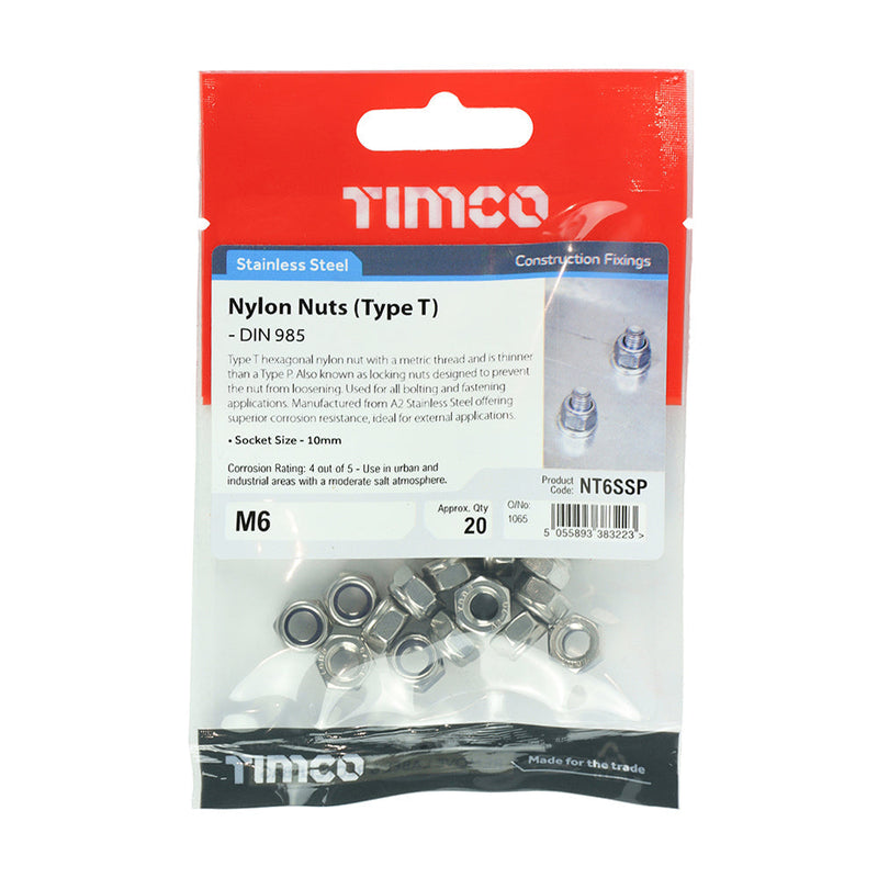 Nylon Nuts - Type T - Stainless Steel - M6