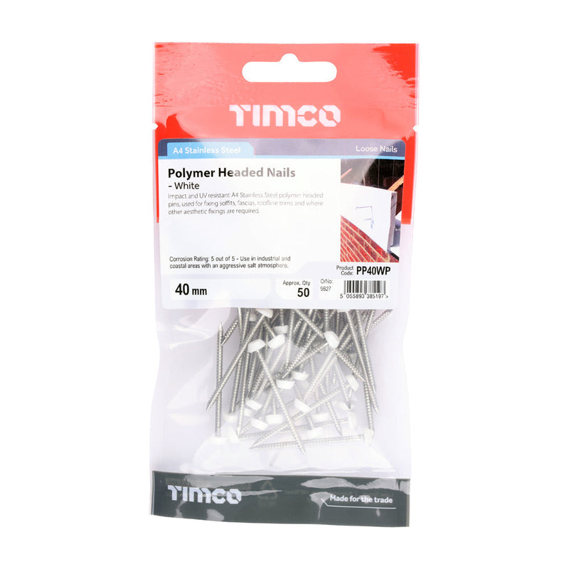 Polymer Headed Pins - Stainless Steel - White - 40mm