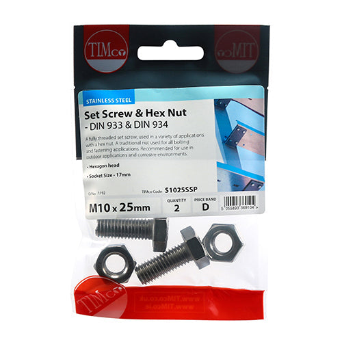 Set Screws & Hex Nuts - Stainless Steel - M10 x 25