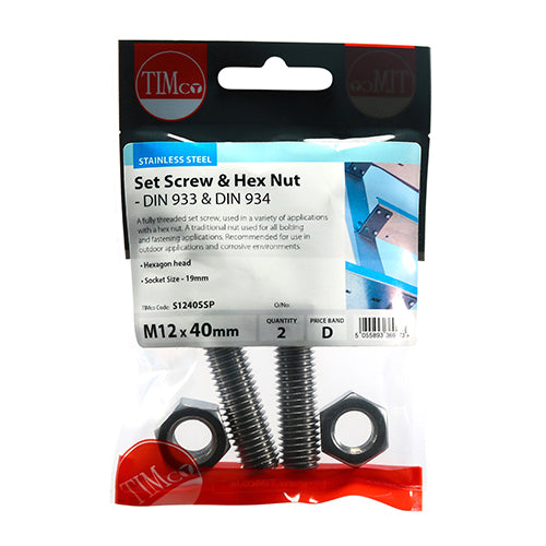 Set Screws & Hex Nuts - Stainless Steel - M12 x 40