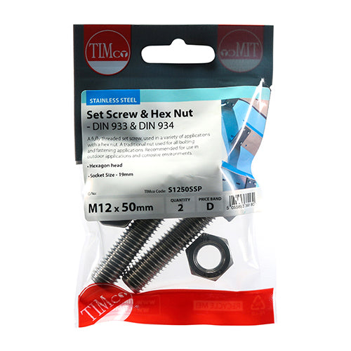 Set Screws & Hex Nuts - Stainless Steel - M12 x 50