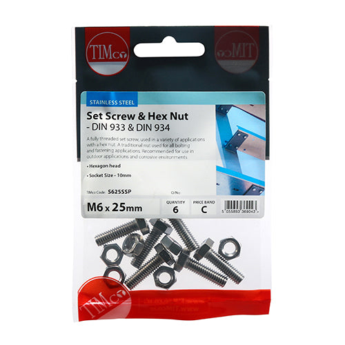Set Screws & Hex Nuts - Stainless Steel - M6 x 25