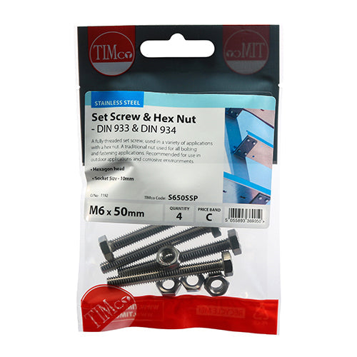 Set Screws & Hex Nuts - Stainless Steel - M6 x 50