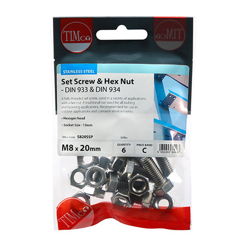 Set Screws & Hex Nuts - Stainless Steel - M8 x 20
