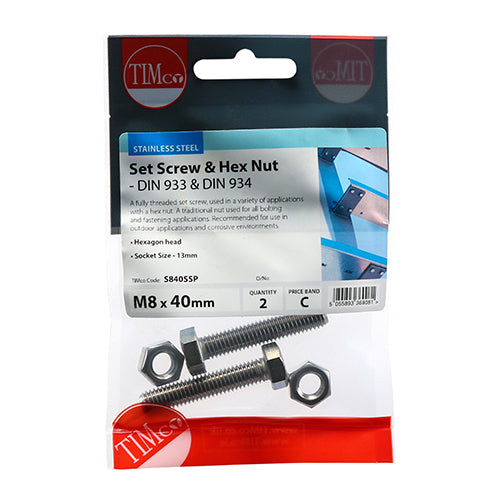 Set Screws & Hex Nuts - Stainless Steel - M8 x 40
