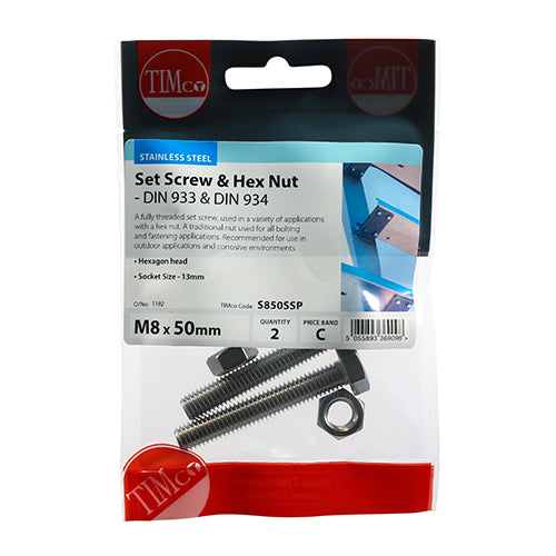 Set Screws & Hex Nuts - Stainless Steel - M8 x 50