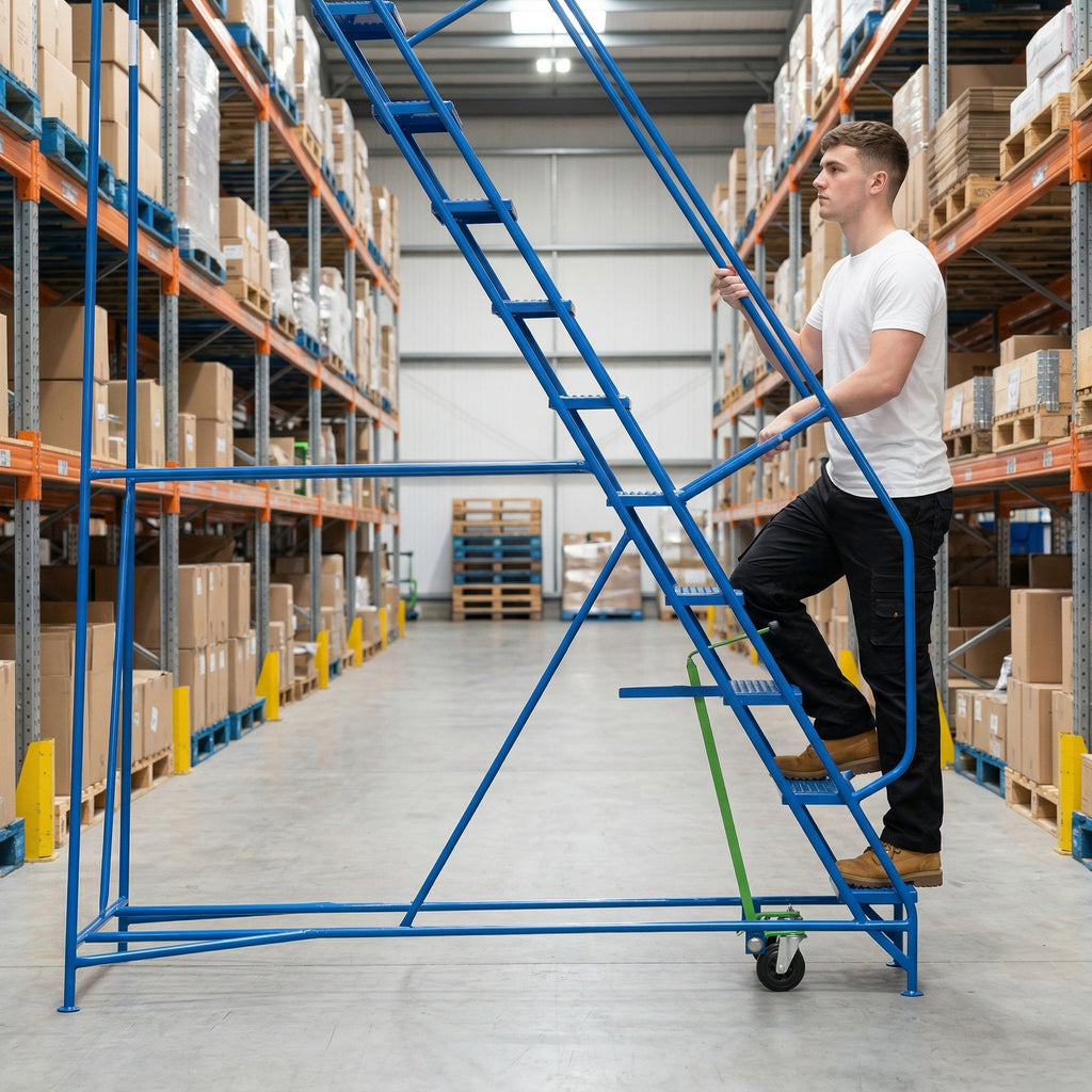 Warehouse Tall Racking Ladders Steel Warehouse Step Ladders – 300kg – 14 Tread – 3500mm Platform – In