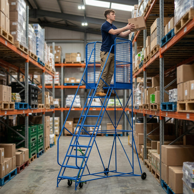 Steel Warehouse Step Ladders – 300kg – 14 Tread – 3500mm Platform – In