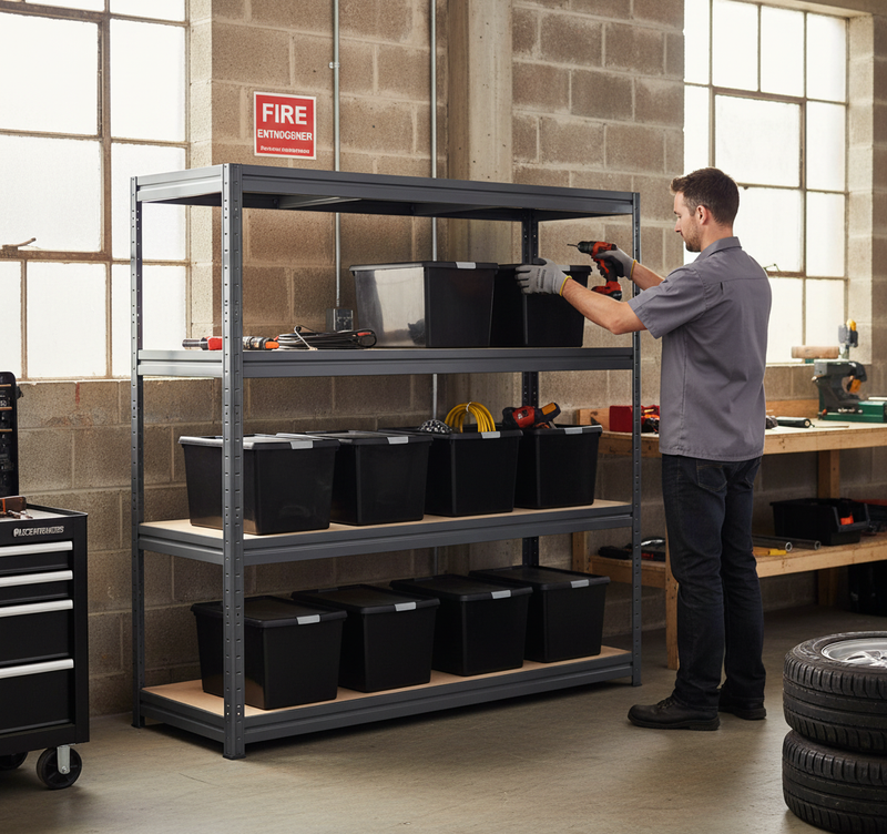 Premium Heavy Duty Shelving with 8x 37L Plastic Storage Boxes - 1770mm High - Grey