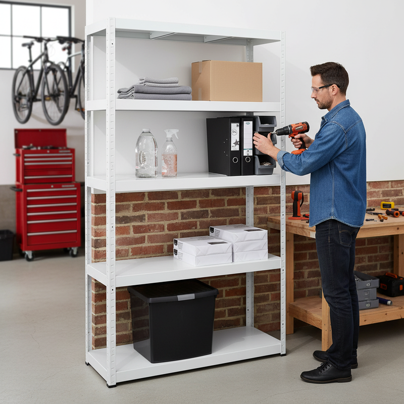 Heavy Duty Metal Garage Shelving - 1800mm High - 90/130kg Capacity - White