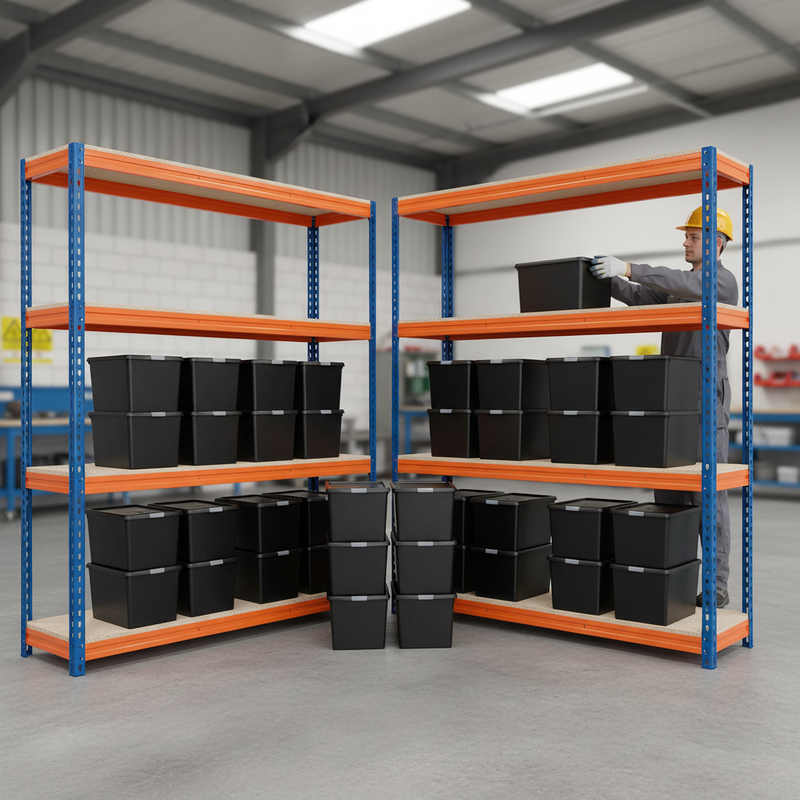 2x Heavy Duty Shelving - 2200mm High - Blue & Orange with 8x 62L Plastic Storage Boxes
