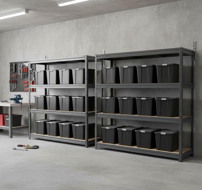 2x Premium Heavy Duty Shelving - 1770mm High - Grey with 8x 37L Plastic Storage Boxes