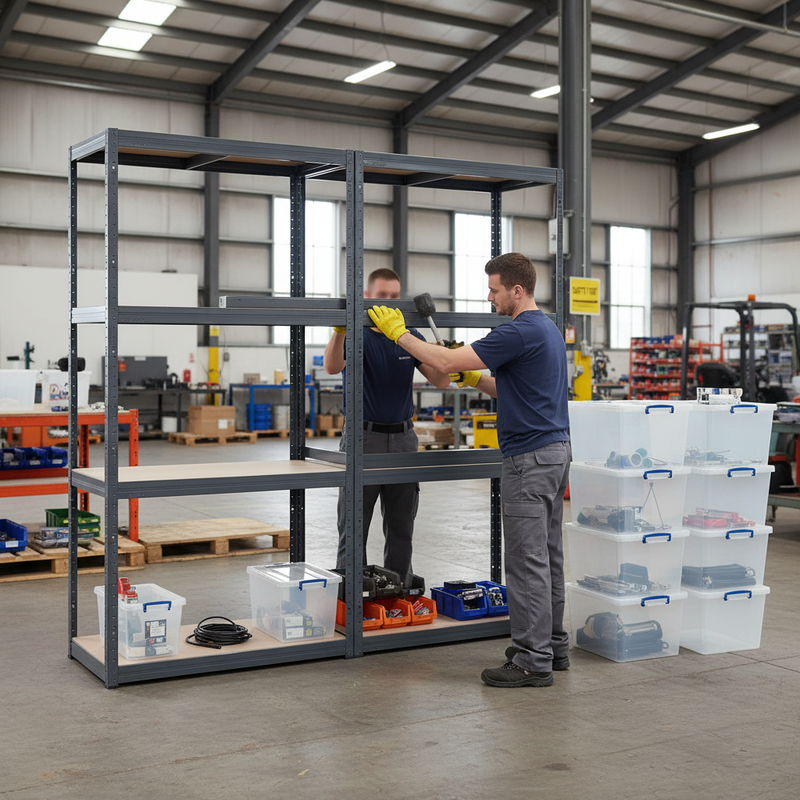 Premium 2x Shelving Units - 1600mm High - Grey with 12x 33.5L Storage Boxes