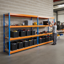 3x Premium Heavy Duty Shelving - 1770mm High - Blue & Orange with 8x 37L Plastic Storage Boxes