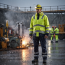 Premium Hi-Vis Yellow/Navy Blue Arc Flash & Fire Retardant Raincoat with Detachable Hood and Adjustable Features