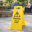 Caution Out of Order Plastic A-Board Sign – 300mm x 600mm – Polypropylene – Indoor/Outdoor Use
