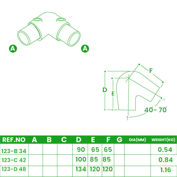 Acute Angle Elbow – Clamp Fitting for Sloped Tube to End Post, 33.7mm–48.3mm