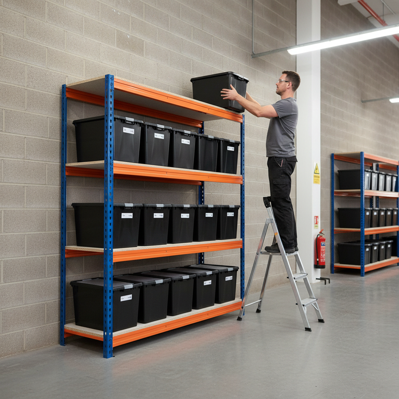 Heavy Duty Shelving Unit - 2000mm High with 8x 37L Plastic Storage Boxes