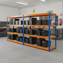 3x Premium Heavy Duty Shelving - 1770mm High - Blue & Orange with 8x 37L Plastic Storage Boxes